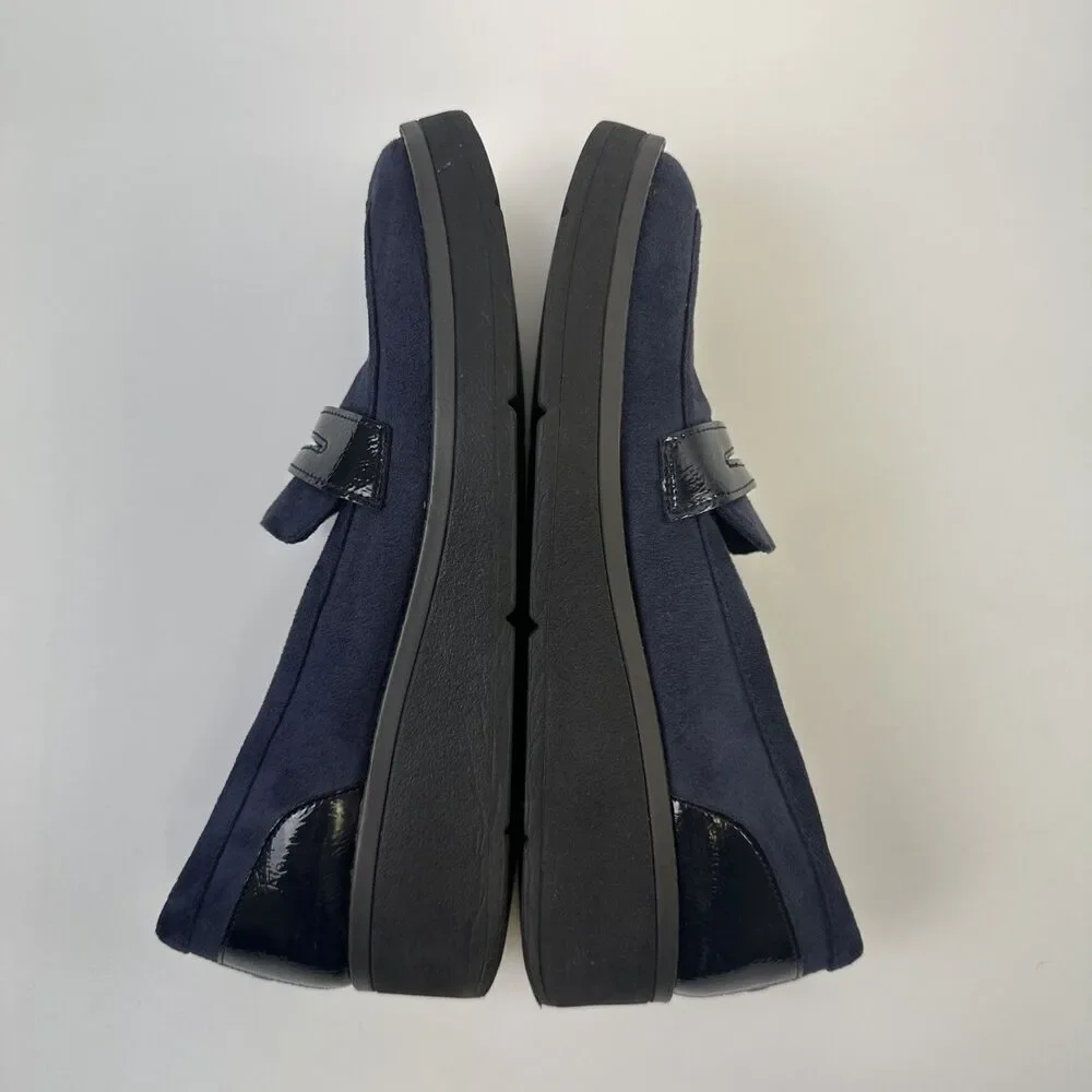 Bzees Fast‎ Track Platform Loafer Navy Blue Faux Suede Wedge Slip On Womens 10